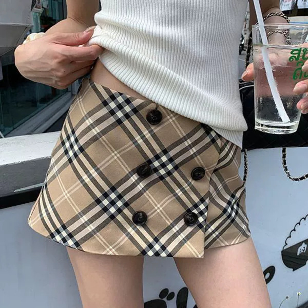 Zara Spring Autumn Khaki Plaid Low Waist Slim Fit Midi Skirt